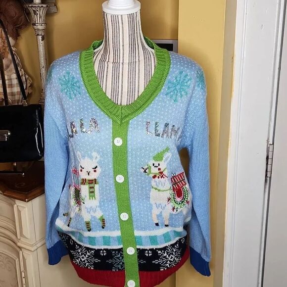 Merry Christmas Baby blue llama ugly cardigan  sweater women's size M - Picture 1 of 4